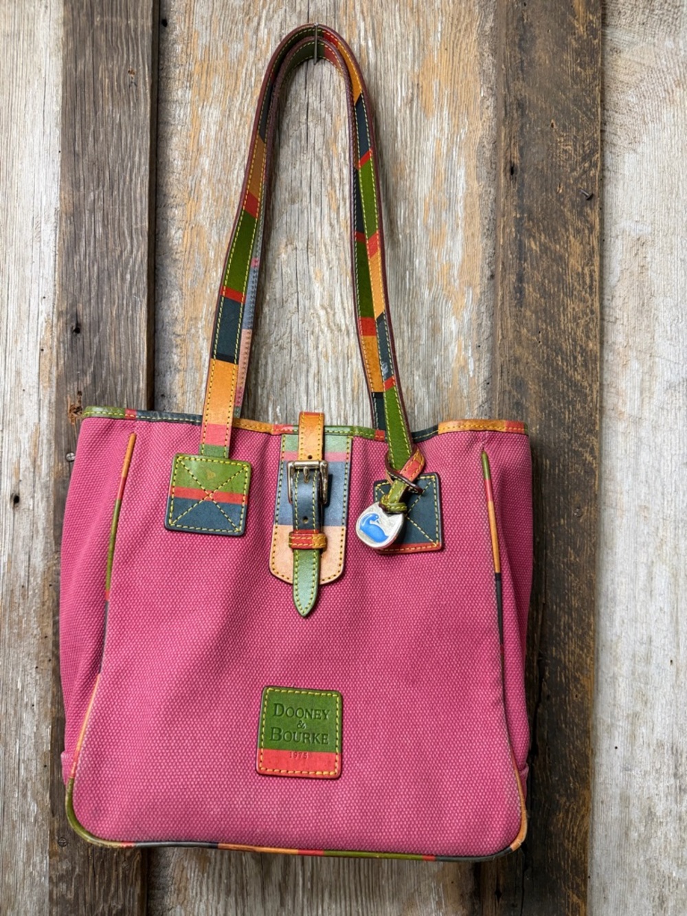 VTG Dooney & Bourke Pink Canvas Multicolor Leather Tote Shoulder Bag Y2K